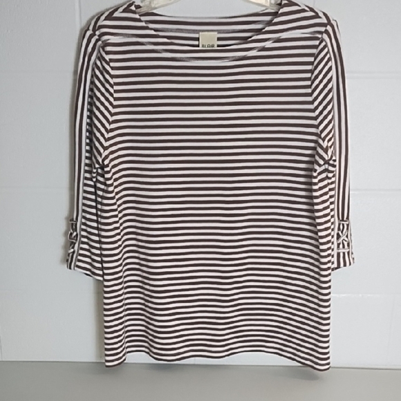 Blair Chocolate & White Striped Tee Shirt 3/4 Laced Sleeve Details - Picture 11 of 11